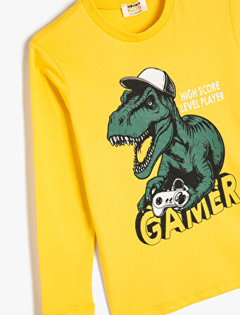 Tişört Dinozor Baskılı Uzun Kollu Bisiklet Yaka Pamuklu