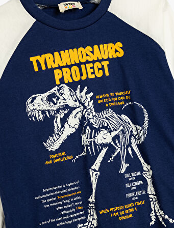 Dinozorlu Tişört Uzun Kollu Bisiklet Yaka Pamuklu