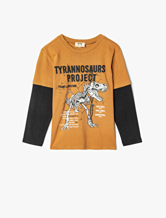 Tişört Dinozor Baskılı Uzun Kollu Bisiklet Yaka Pamuklu