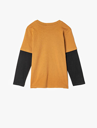 Tişört Dinozor Baskılı Uzun Kollu Bisiklet Yaka Pamuklu