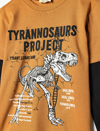 Tişört Dinozor Baskılı Uzun Kollu Bisiklet Yaka Pamuklu