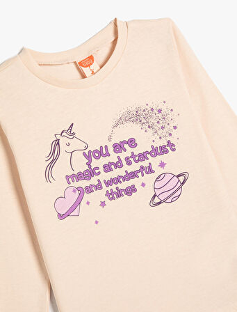 Tişört Uzun Kollu Bisiklet Yaka Unicorn Baskılı Pamuklu