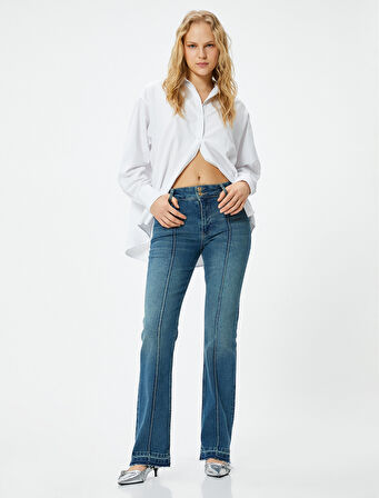 Nervürlü İspanyol Paça Kot Pantolon Dar Kesim Cepli - Flare Slim Jeans