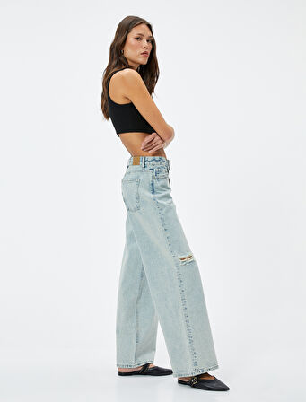 Düz Bol Paça Düşük Bel Kot Pantolon Yıpratılmış Cepli Pamuklu - Loose Straight Jeans