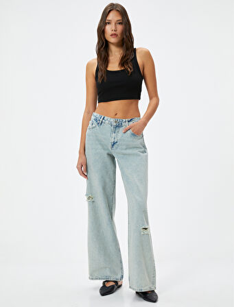 Düz Bol Paça Düşük Bel Kot Pantolon Yıpratılmış Cepli Pamuklu - Loose Straight Jeans