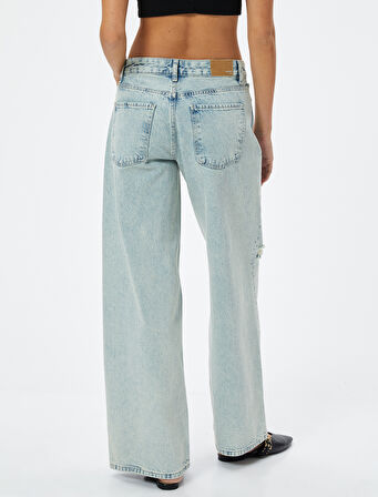 Düz Bol Paça Düşük Bel Kot Pantolon Yıpratılmış Cepli Pamuklu - Loose Straight Jeans