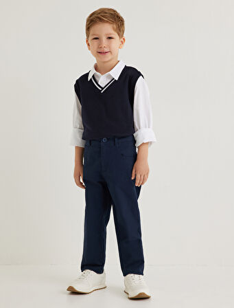 V Yaka Süveter Kolsuz Renk Bloklu Pamuk Karışımlı