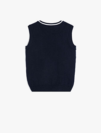 V Yaka Süveter Kolsuz Renk Bloklu Pamuk Karışımlı