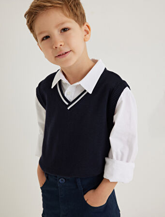 V Yaka Süveter Kolsuz Renk Bloklu Pamuk Karışımlı