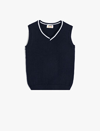 V Yaka Süveter Kolsuz Renk Bloklu Pamuk Karışımlı