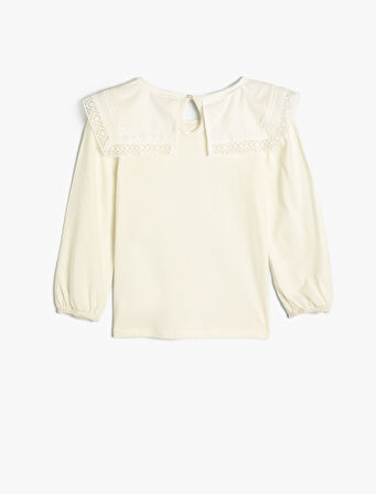 Geniş Bebe Yaka Tişört Uzun Kollu Arkadan Düğme Kapamalı Pamuklu