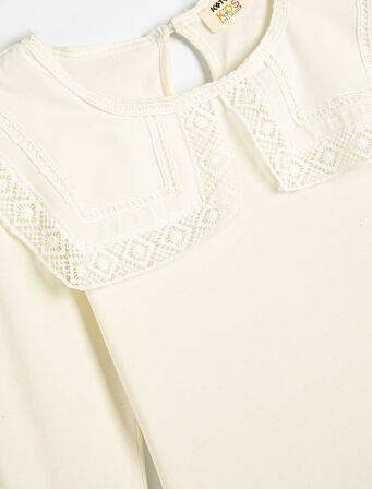 Geniş Bebe Yaka Tişört Uzun Kollu Arkadan Düğme Kapamalı Pamuklu