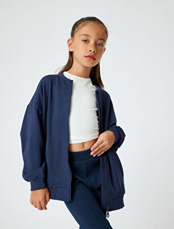 Fermuarlı Okul Sweatshirt Uzun Kollu Yuvarlak Yaka Cepli Pamuklu