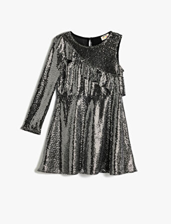 Pullu Payetli Elbise Tek Omuz Fırfır Detaylı