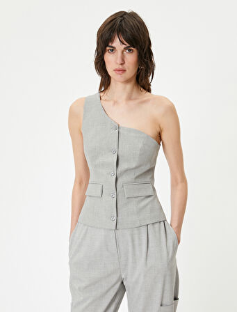 Tek Omuz Yelek Düğmeli Kapaklı Cep Detaylı Astarlı