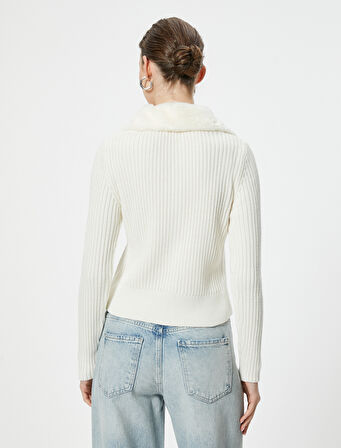 Triko Hırka Suni Kürk Yaka Detaylı Düğmeli