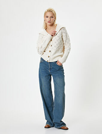 Triko Örgü Hırka Ajurlu Uzun Kollu Dik Yaka Düğmeli