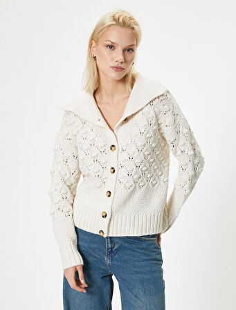 Triko Örgü Hırka Ajurlu Uzun Kollu Dik Yaka Düğmeli