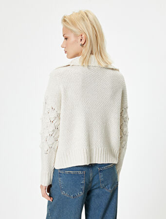 Triko Örgü Hırka Ajurlu Uzun Kollu Dik Yaka Düğmeli