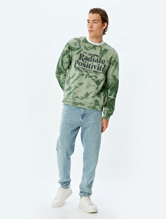 Slogan Baskılı Sweatshirt Bisiklet Yaka Yıkamalı Şardonlu Pamuk Karışımlı