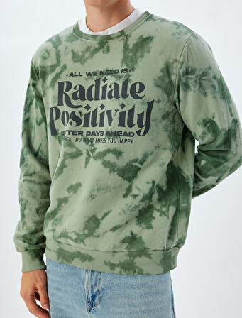 Slogan Baskılı Sweatshirt Bisiklet Yaka Yıkamalı Şardonlu Pamuk Karışımlı