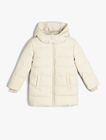 Uzun Şişme Mont Kapşonlu Fermuarlı Cepli