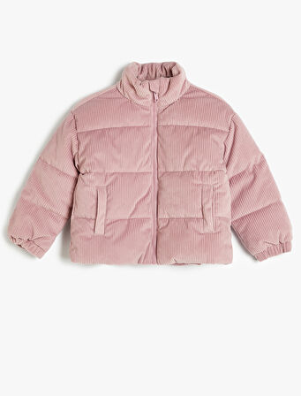 Oversize Bomber Ceket Kadife Dokulu Cep Detaylı Dik Yaka 