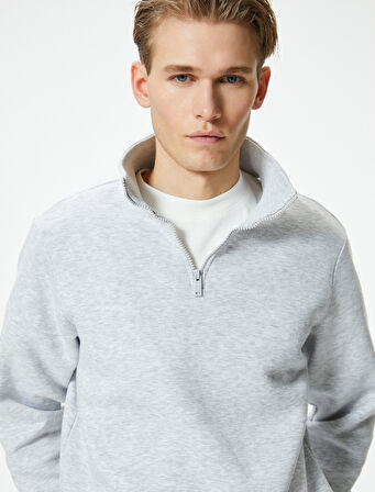 Yarım Fermuarlı Sweatshirt Basic Dik Yaka Ribanalı Uzun Kollu