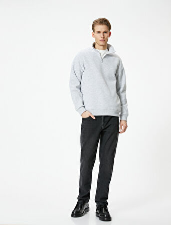Yarım Fermuarlı Sweatshirt Basic Dik Yaka Ribanalı Uzun Kollu