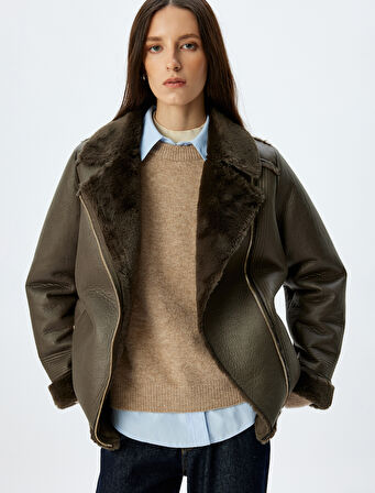 Fermuarlı Cepli Rahat Kalıp Yakası Suni Kürk Detaylı Suni Deri Biker Ceket