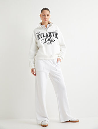 Yarım Fermuarlı Sweatshirt Kolej Temalı Baskılı Rahat Kalıp