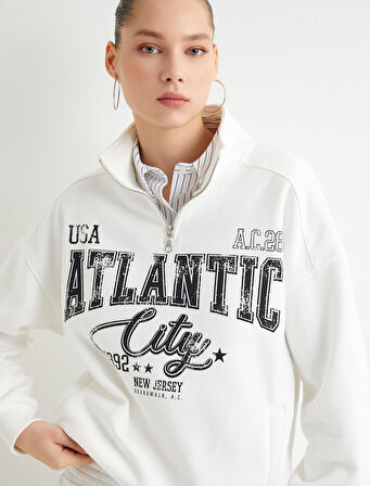 Yarım Fermuarlı Sweatshirt Kolej Temalı Baskılı Rahat Kalıp