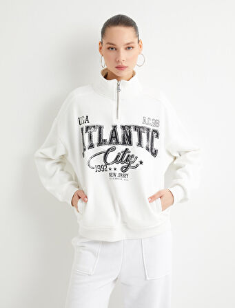 Yarım Fermuarlı Sweatshirt Kolej Temalı Baskılı Rahat Kalıp