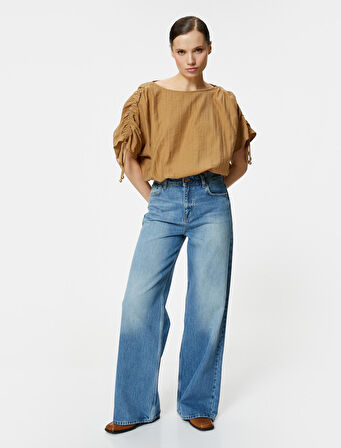 Crop Bluz Drapeli Yarasa Kollu