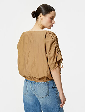 Crop Bluz Drapeli Yarasa Kollu