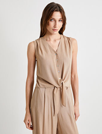 Beli Bağlamalı Gömlek Kolsuz Viskon Kumaş