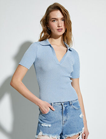 Polo Yaka Triko Kazak Kısa Kollu Simli