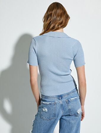 Polo Yaka Triko Kazak Kısa Kollu Simli