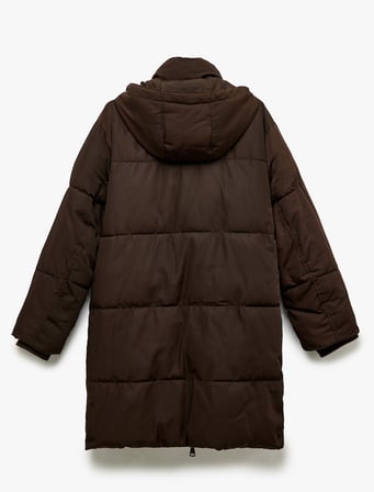 Kapüşonlu Çıtçıt Düğmeli Fermuarlı Oversize Şişme Mont
