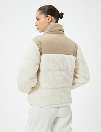 Peluş Şişme Mont Dik Yaka Fermuarlı Cepli