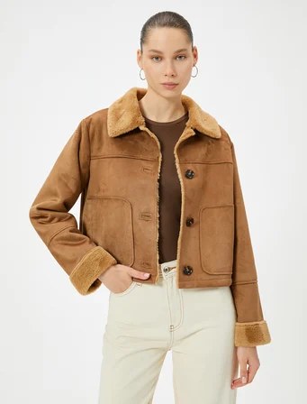 Suni Deri Süet Ceket Kürk Yaka Düğmeli Cepli Slim Fit