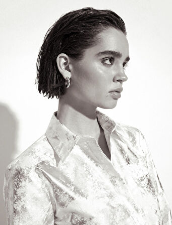 Metalik Crop Gömlek Uzun Kollu Klasik Yaka