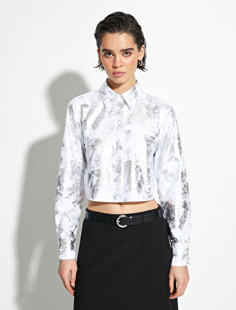 Metalik Crop Gömlek Uzun Kollu Klasik Yaka