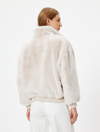 Peluş Oversize Mont Dik Yaka Fermuarlı