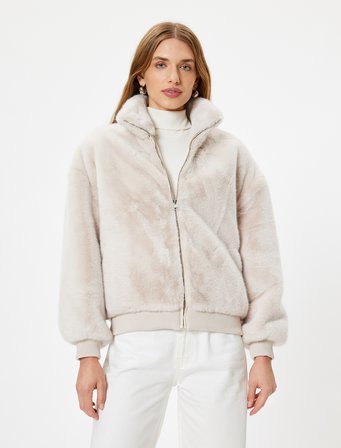 Peluş Oversize Mont Dik Yaka Fermuarlı