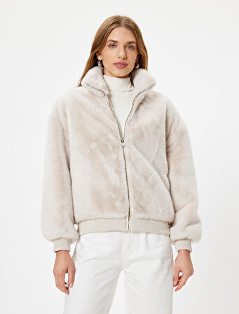 Peluş Oversize Mont Dik Yaka Fermuarlı