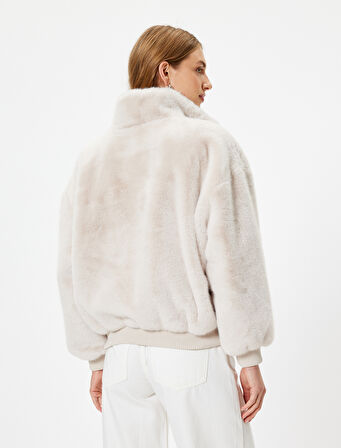 Peluş Oversize Mont Dik Yaka Fermuarlı