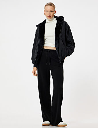 Fermuarlı Kapüşonlu İçi Suni Kürklü Oversize Bomber Şişme Mont 