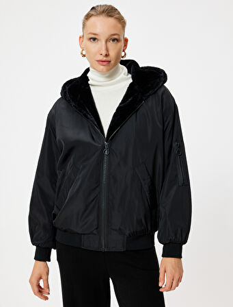 Fermuarlı Kapüşonlu İçi Suni Kürklü Oversize Bomber Şişme Mont 