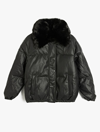 Yakası Çıkarılabilir Suni Kürklü Cepli Suni Deri Şişme Mont